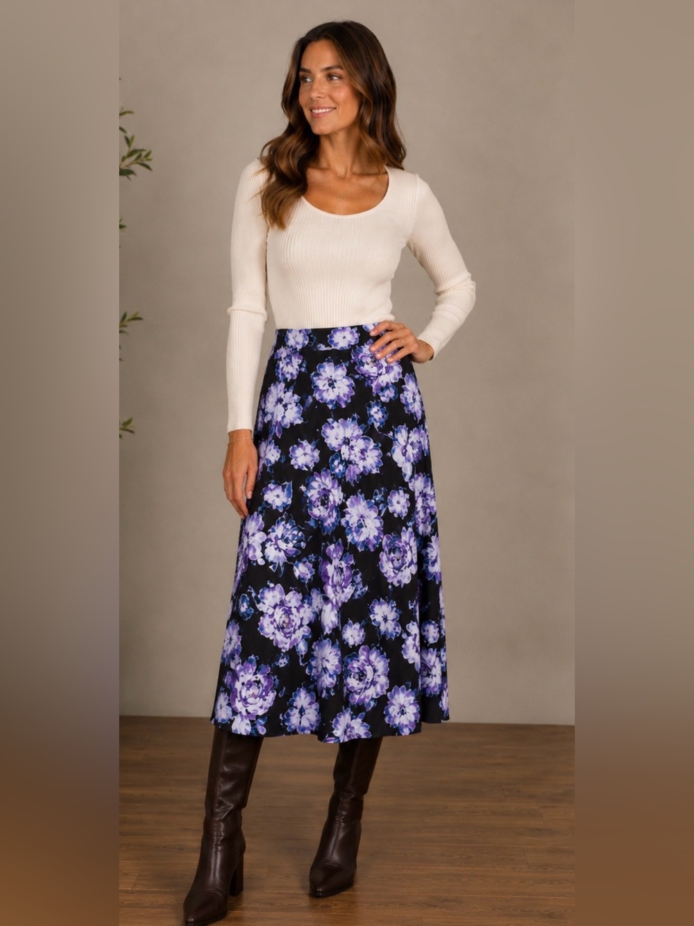 Croft & Barrow Black Maxi Skirt with Purple Floral Print